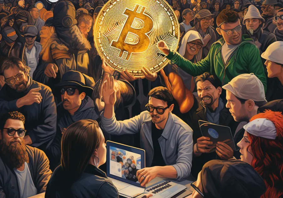 Illustration of a crowd celebrating as a man holds up a large glowing gold Bitcoin coin.