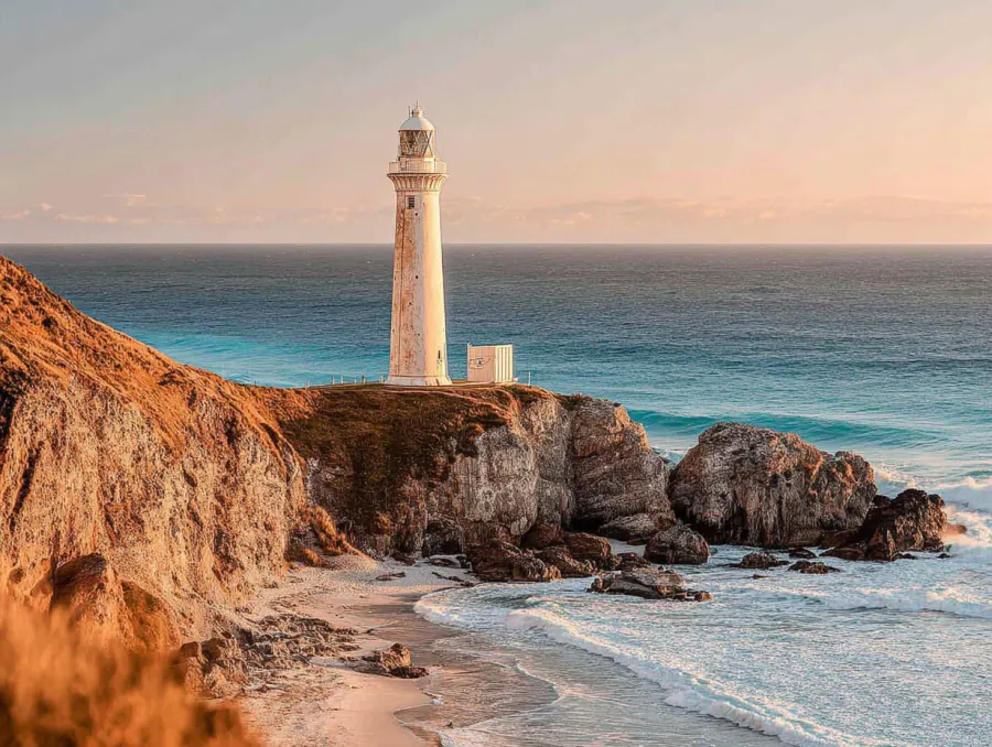 A white lighthouse on a rocky coastal hill overlooking a blue sea in warm evening light.