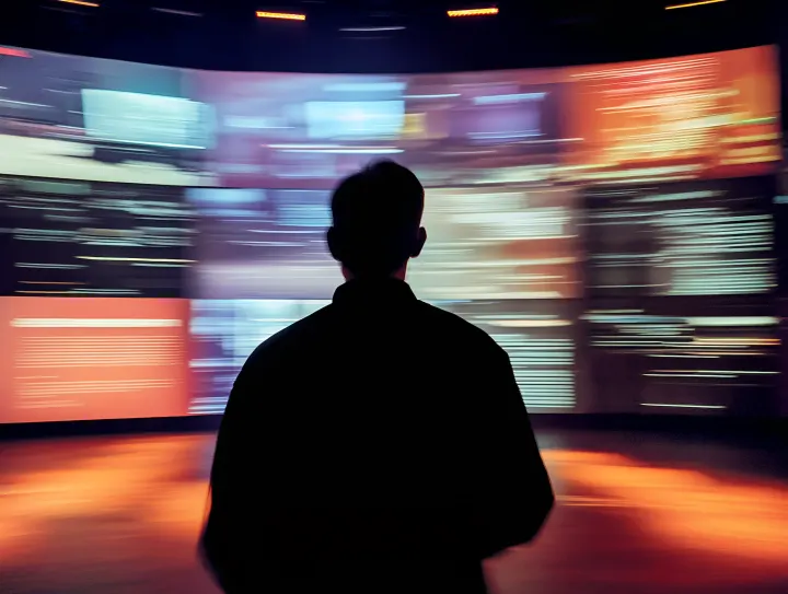 A person in silhouette facing a curved wall of blurred, brightly colored news screens.