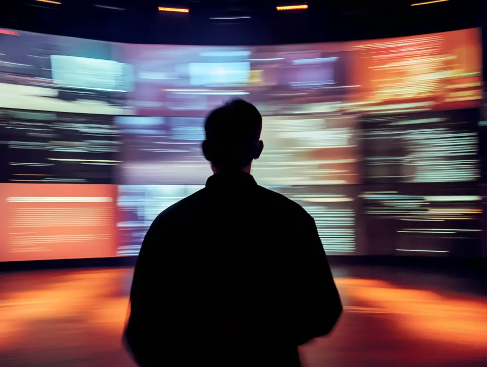 A person in silhouette facing a curved wall of blurred, brightly colored news screens.