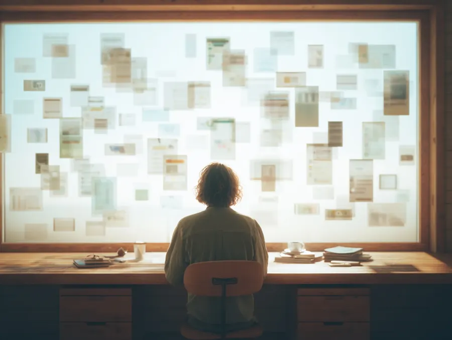 A person sitting at a wooden desk and facing a wall covered with articles and notes.