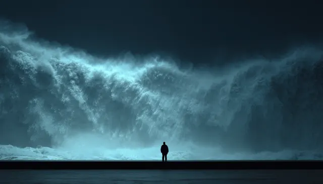 A lone figure standing on a pier facing a towering wall of crashing waves at night.