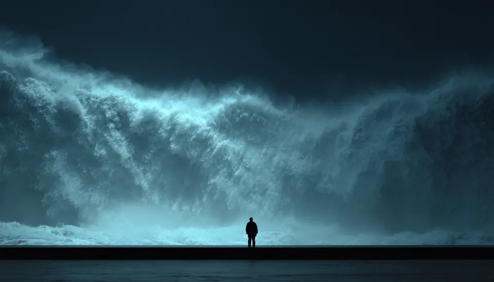 A lone figure standing on a pier facing a towering wall of crashing waves at night.