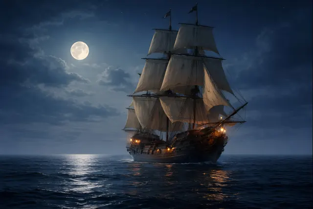 A tall sailing ship under full sail on a calm sea at night beneath a large full moon.