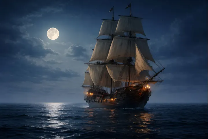 A tall sailing ship under full sail on a calm sea at night beneath a large full moon.