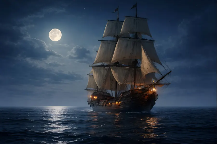 A tall sailing ship under full sail on a calm sea at night beneath a large full moon.